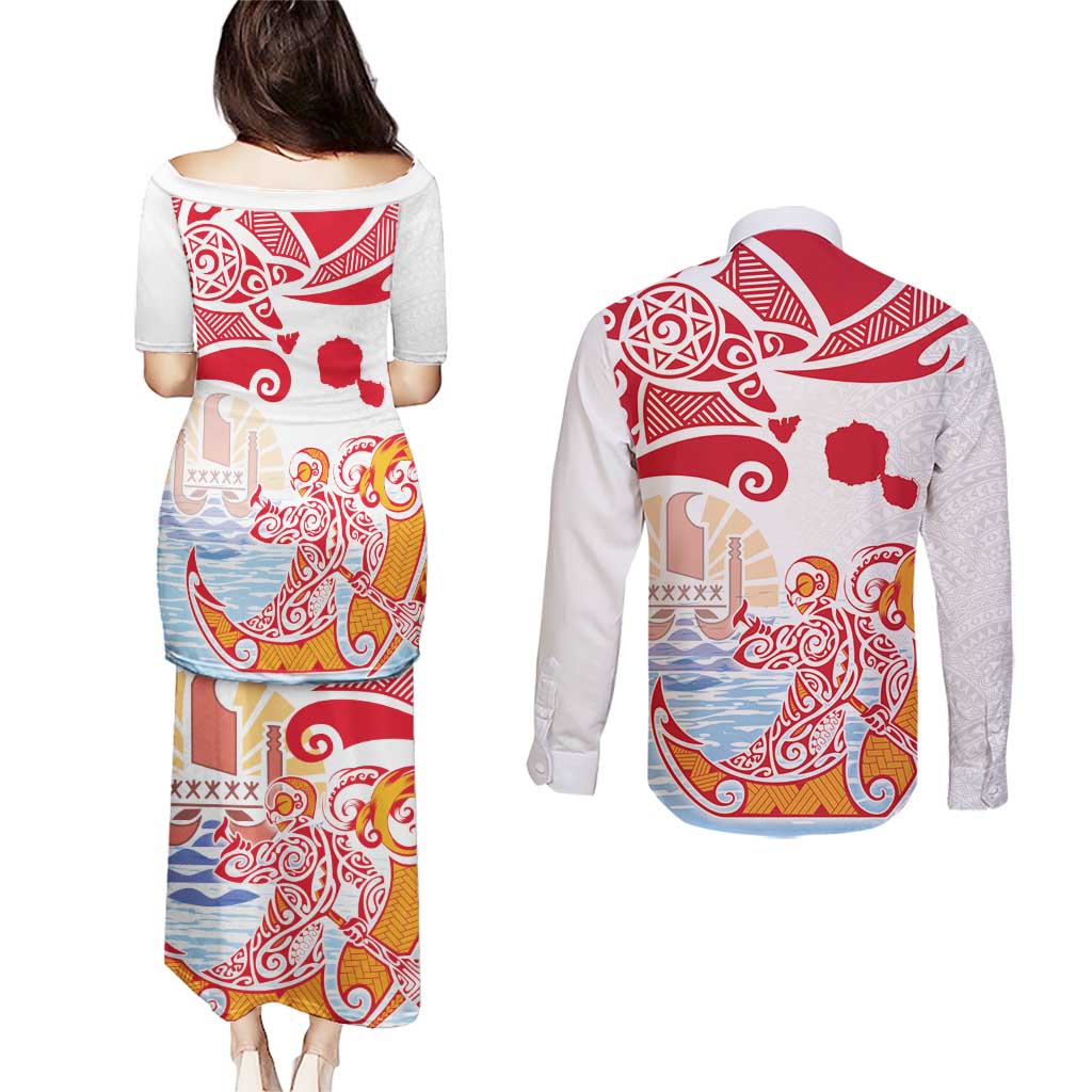 Hawaiki Nui Va'a Solo French Polynesia Couples Matching Puletasi and Long Sleeve Button Shirt Red Color