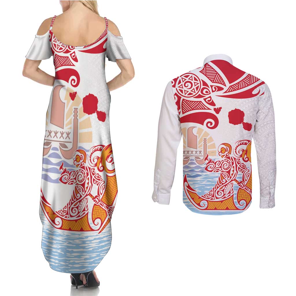 Hawaiki Nui Va'a Solo French Polynesia Couples Matching Summer Maxi Dress and Long Sleeve Button Shirt Red Color