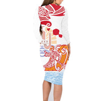 Hawaiki Nui Va'a Solo French Polynesia Family Matching Long Sleeve Bodycon Dress and Hawaiian Shirt Red Color