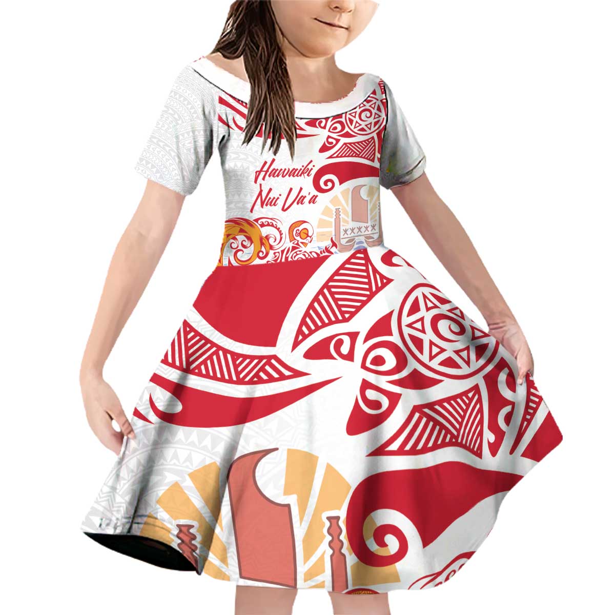 Hawaiki Nui Va'a Solo French Polynesia Family Matching Off Shoulder Short Dress and Hawaiian Shirt Red Color