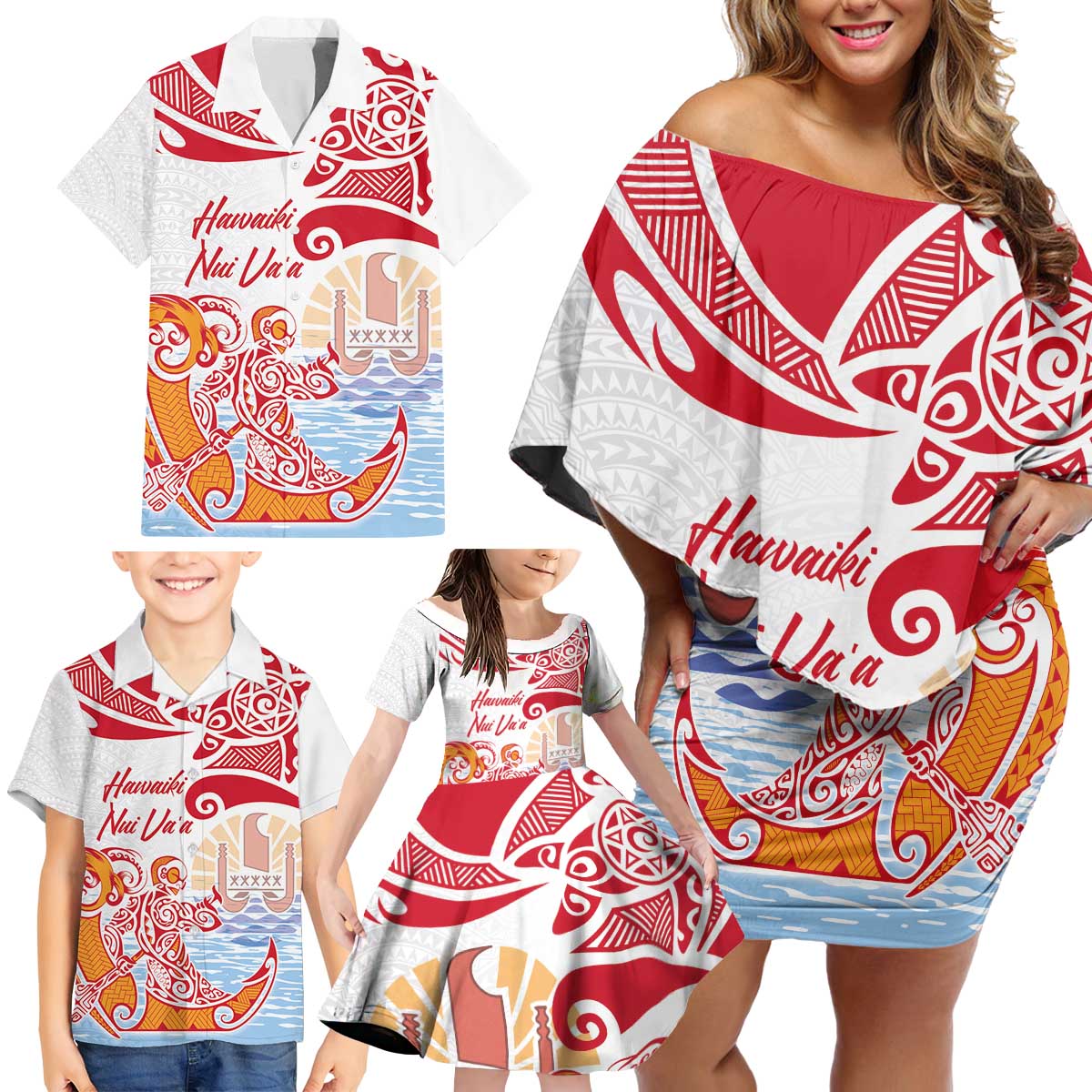 Hawaiki Nui Va'a Solo French Polynesia Family Matching Off Shoulder Short Dress and Hawaiian Shirt Red Color