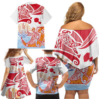Hawaiki Nui Va'a Solo French Polynesia Family Matching Off Shoulder Short Dress and Hawaiian Shirt Red Color