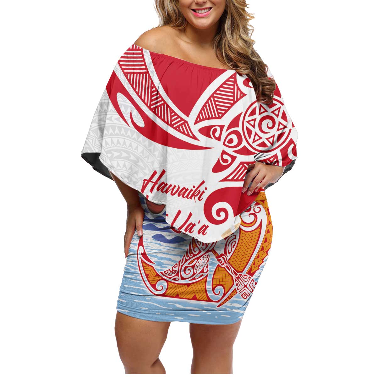 Hawaiki Nui Va'a Solo French Polynesia Family Matching Off Shoulder Short Dress and Hawaiian Shirt Red Color