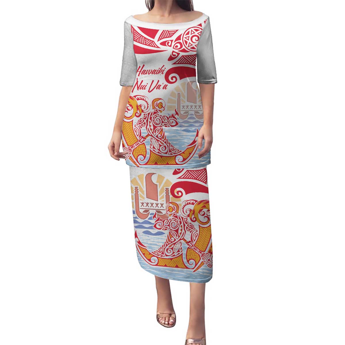 Hawaiki Nui Va'a Solo French Polynesia Family Matching Puletasi and Hawaiian Shirt Red Color