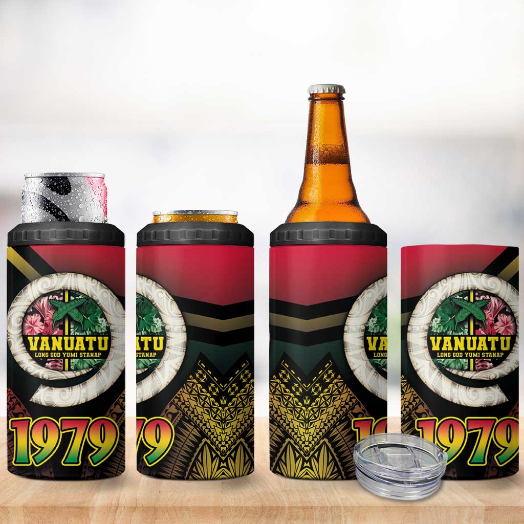 Vanuatu Constitution Day 4 in 1 Can Cooler Tumbler Polynesian Tattoo and Pig Tusk Since 1979
