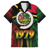 Vanuatu Constitution Day Family Matching Off The Shoulder Long Sleeve Dress and Hawaiian Shirt Polynesian Tattoo and Pig Tusk Since 1979