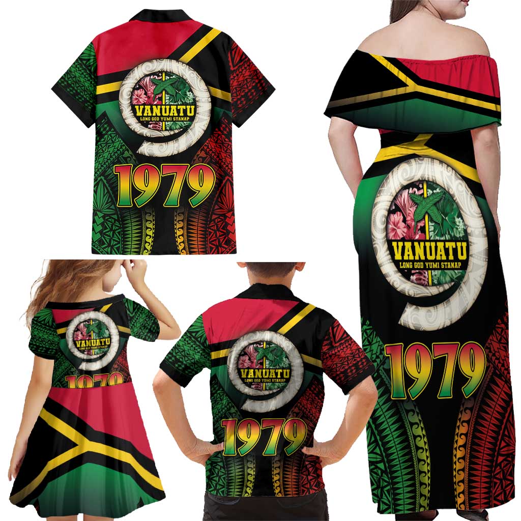 Vanuatu Constitution Day Family Matching Off Shoulder Maxi Dress and Hawaiian Shirt Polynesian Tattoo and Pig Tusk Since 1979
