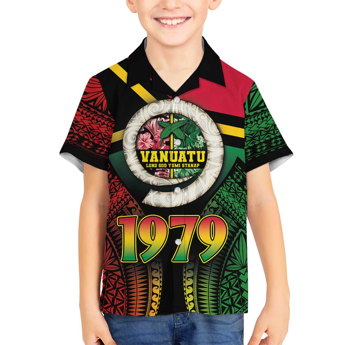 Vanuatu Constitution Day Family Matching Off Shoulder Short Dress and Hawaiian Shirt Polynesian Tattoo and Pig Tusk Since 1979