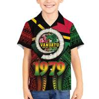 Vanuatu Constitution Day Family Matching Off Shoulder Short Dress and Hawaiian Shirt Polynesian Tattoo and Pig Tusk Since 1979