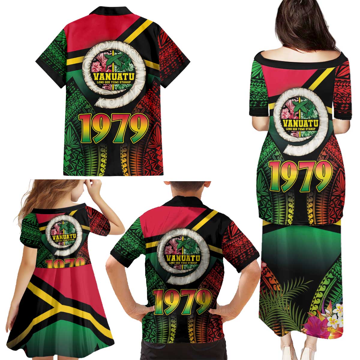 Vanuatu Constitution Day Family Matching Puletasi and Hawaiian Shirt Polynesian Tattoo and Pig Tusk Since 1979