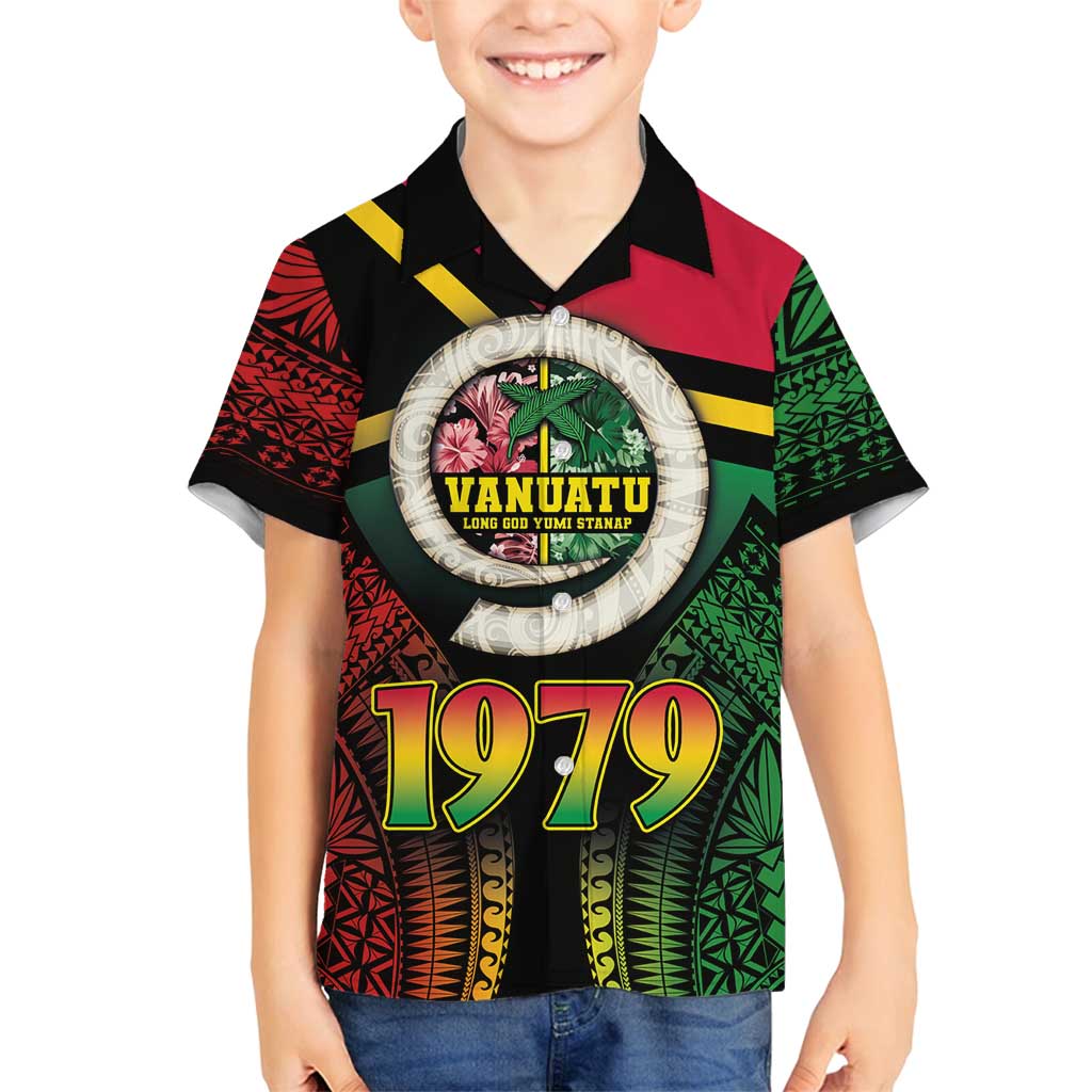 Vanuatu Constitution Day Family Matching Tank Maxi Dress and Hawaiian Shirt Polynesian Tattoo and Pig Tusk Since 1979