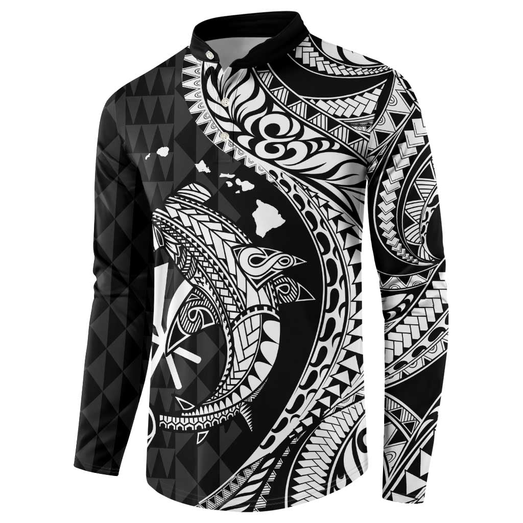Aloha Hawaii Hammerhead Shark Button Sweatshirt Black Kakau and Polynesian Tattoo LT03