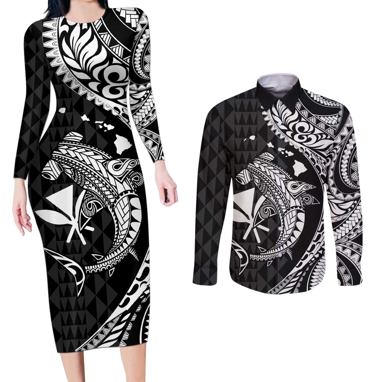 Aloha Hawaii Hammerhead Shark Couples Matching Long Sleeve Bodycon Dress and Long Sleeve Button Shirt Black Kakau and Polynesian Tattoo LT03
