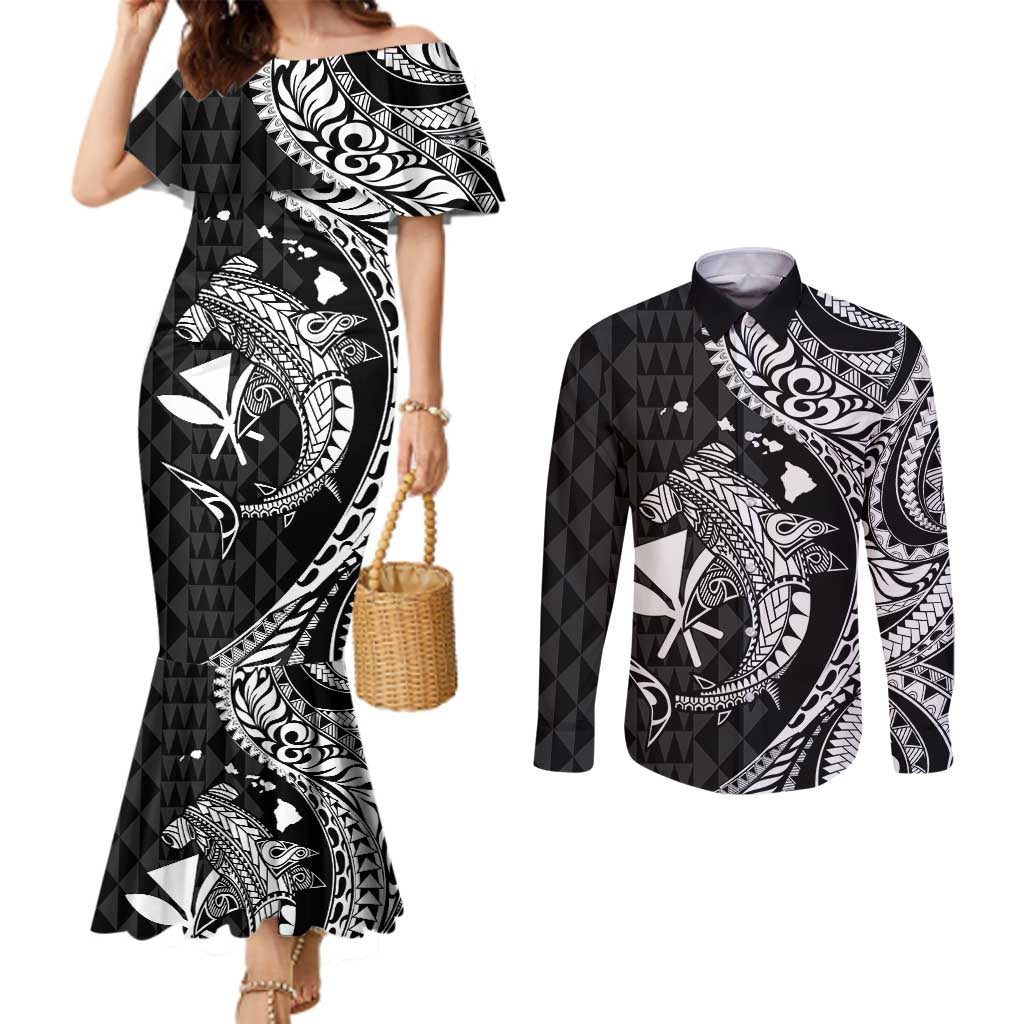 Aloha Hawaii Hammerhead Shark Couples Matching Mermaid Dress and Long Sleeve Button Shirt Black Kakau and Polynesian Tattoo LT03