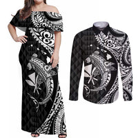 Aloha Hawaii Hammerhead Shark Couples Matching Off Shoulder Maxi Dress and Long Sleeve Button Shirt Black Kakau and Polynesian Tattoo LT03