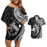 Aloha Hawaii Hammerhead Shark Couples Matching Off Shoulder Short Dress and Hawaiian Shirt Black Kakau and Polynesian Tattoo LT03