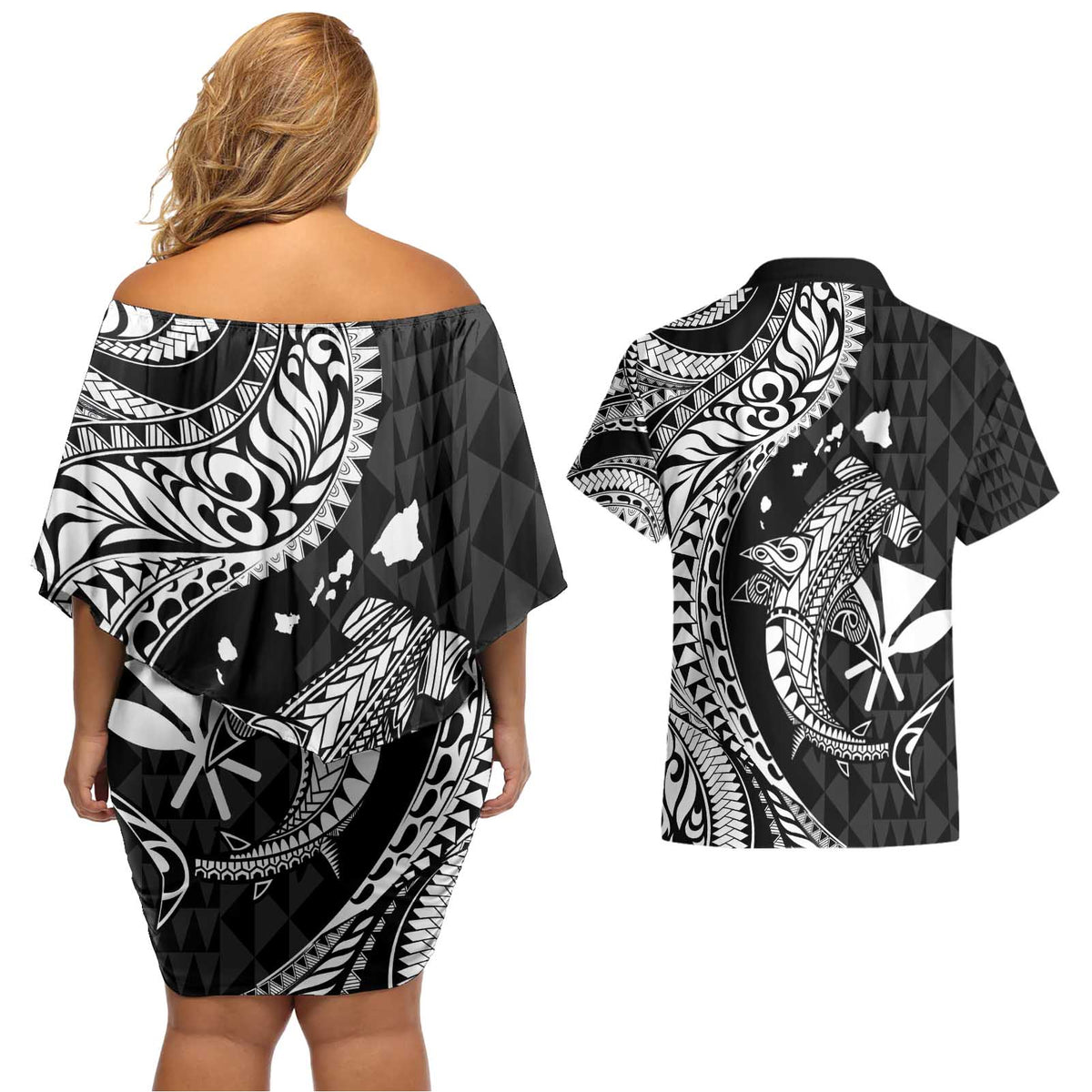 Aloha Hawaii Hammerhead Shark Couples Matching Off Shoulder Short Dress and Hawaiian Shirt Black Kakau and Polynesian Tattoo LT03