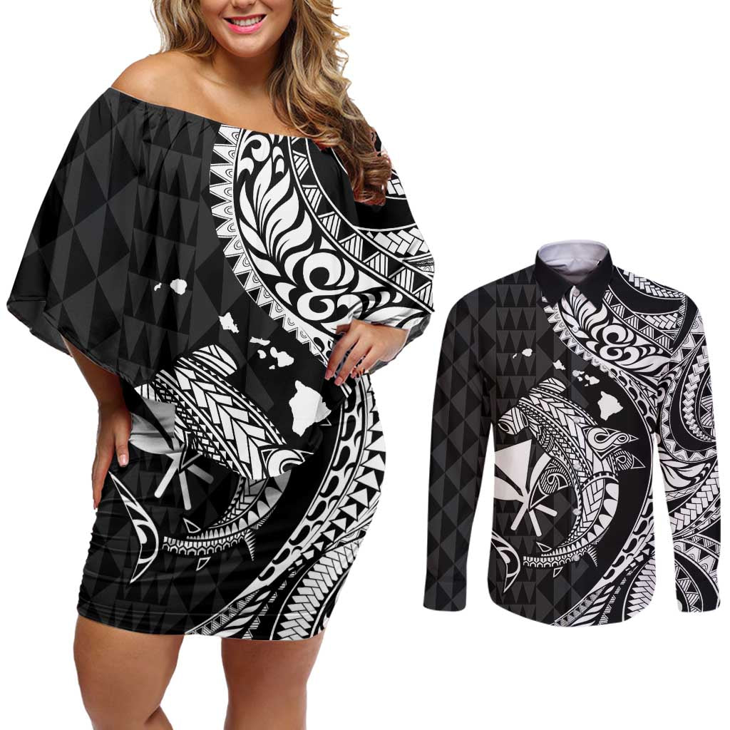 Aloha Hawaii Hammerhead Shark Couples Matching Off Shoulder Short Dress and Long Sleeve Button Shirt Black Kakau and Polynesian Tattoo LT03