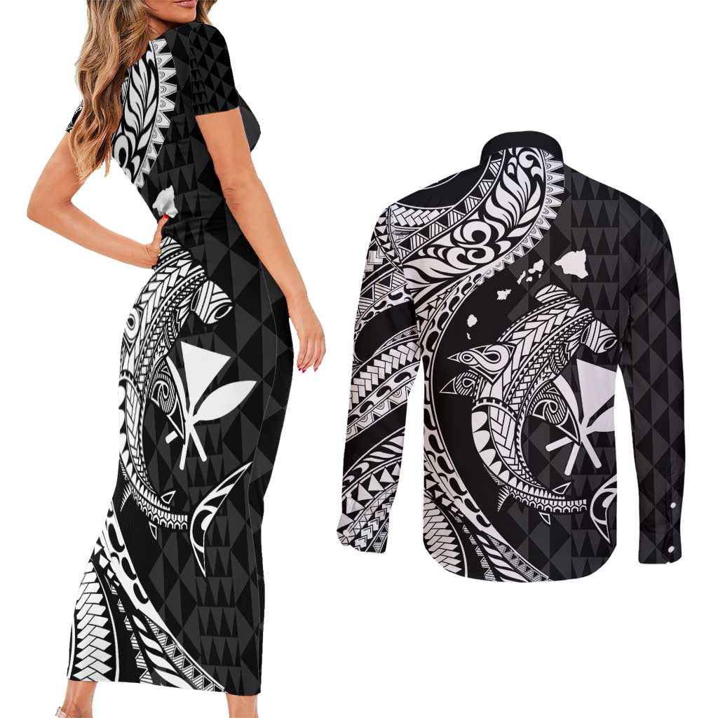 Aloha Hawaii Hammerhead Shark Couples Matching Short Sleeve Bodycon Dress and Long Sleeve Button Shirt Black Kakau and Polynesian Tattoo LT03