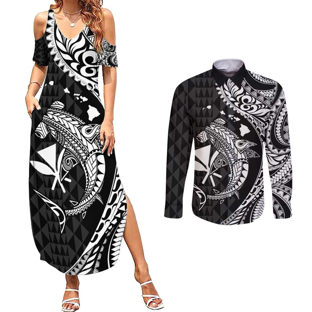 Aloha Hawaii Hammerhead Shark Couples Matching Summer Maxi Dress and Long Sleeve Button Shirt Black Kakau and Polynesian Tattoo LT03