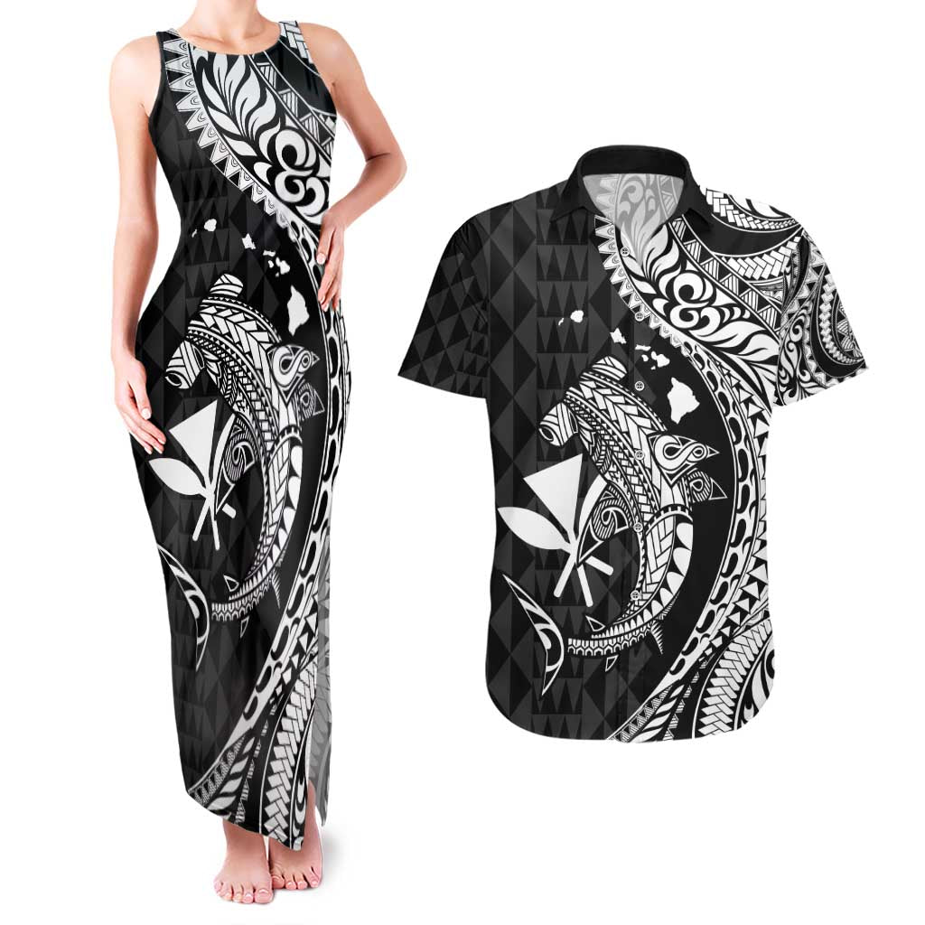 Aloha Hawaii Hammerhead Shark Couples Matching Tank Maxi Dress and Hawaiian Shirt Black Kakau and Polynesian Tattoo LT03