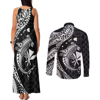 Aloha Hawaii Hammerhead Shark Couples Matching Tank Maxi Dress and Long Sleeve Button Shirt Black Kakau and Polynesian Tattoo LT03