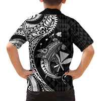 Aloha Hawaii Hammerhead Shark Family Matching Off Shoulder Short Dress and Hawaiian Shirt Black Kakau and Polynesian Tattoo LT03