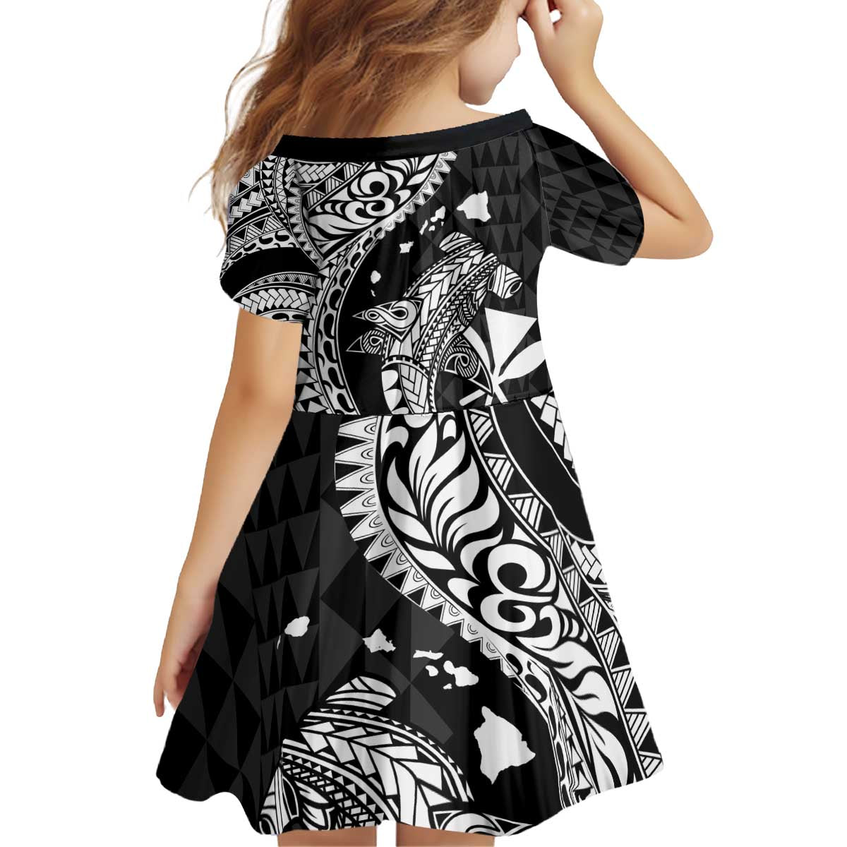 Aloha Hawaii Hammerhead Shark Family Matching Off Shoulder Short Dress and Hawaiian Shirt Black Kakau and Polynesian Tattoo LT03