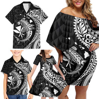 Aloha Hawaii Hammerhead Shark Family Matching Off Shoulder Short Dress and Hawaiian Shirt Black Kakau and Polynesian Tattoo LT03