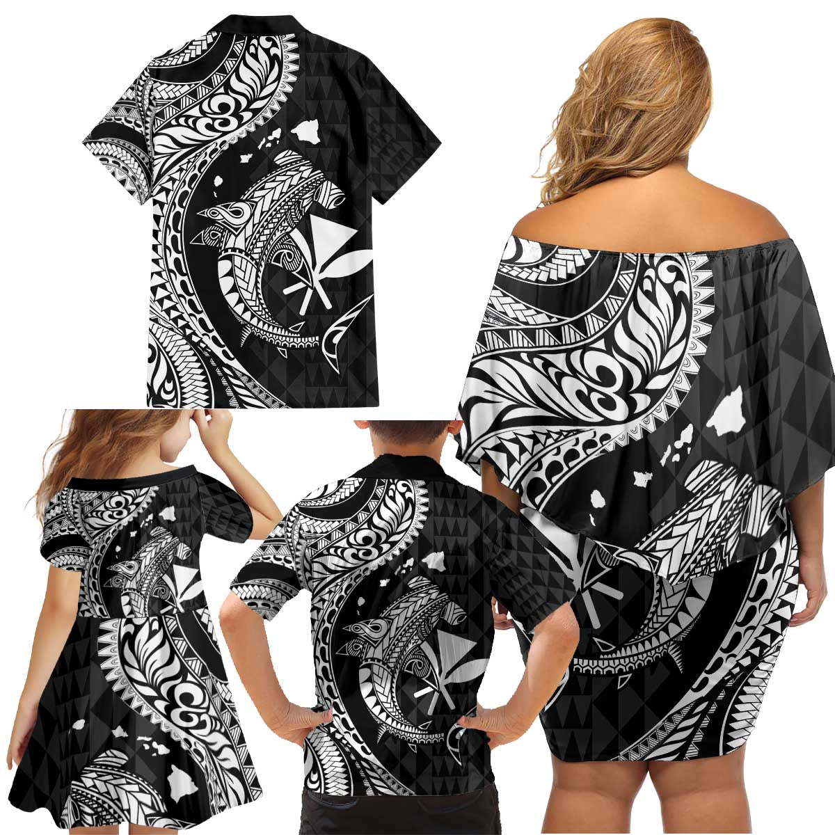Aloha Hawaii Hammerhead Shark Family Matching Off Shoulder Short Dress and Hawaiian Shirt Black Kakau and Polynesian Tattoo LT03
