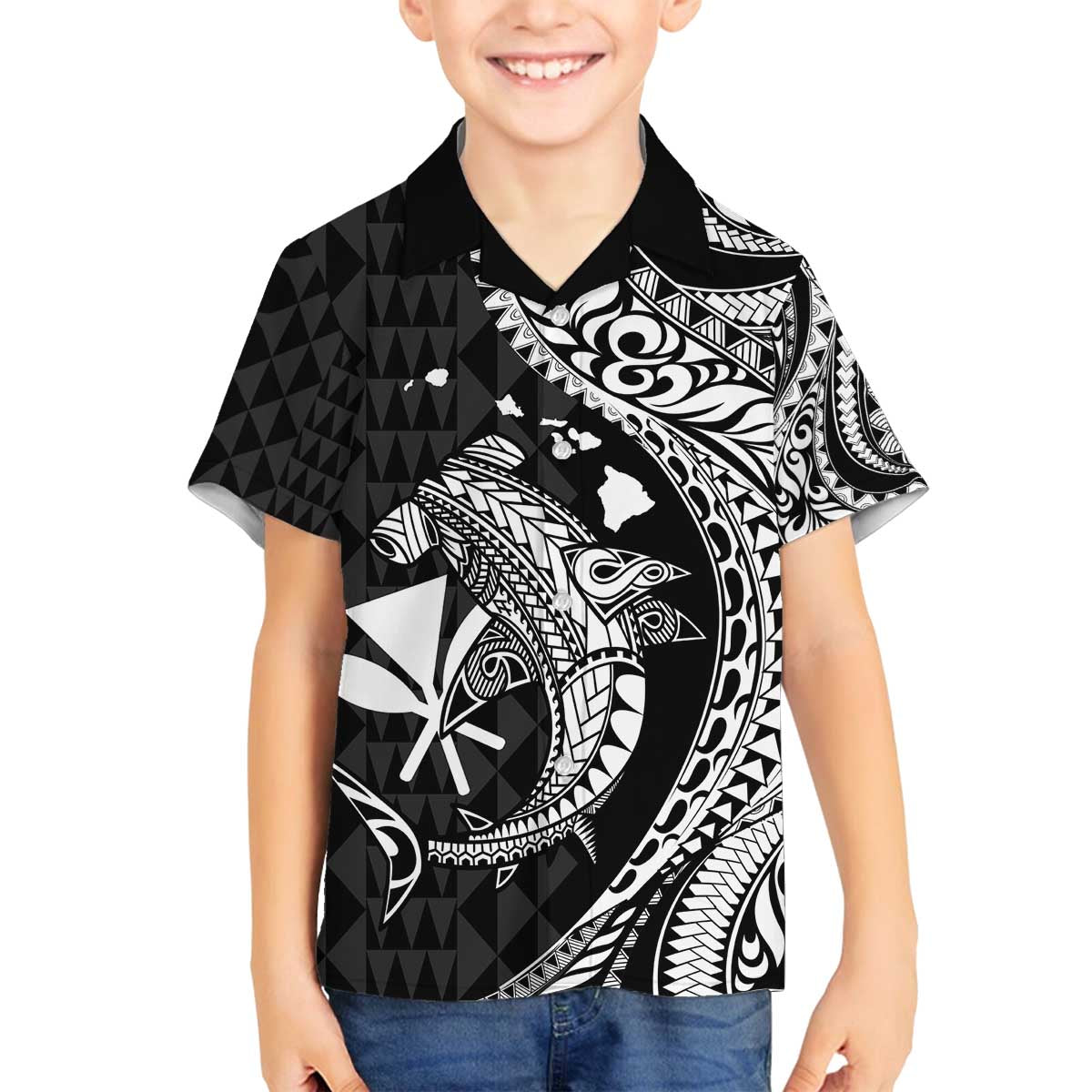 Aloha Hawaii Hammerhead Shark Family Matching Off Shoulder Short Dress and Hawaiian Shirt Black Kakau and Polynesian Tattoo LT03