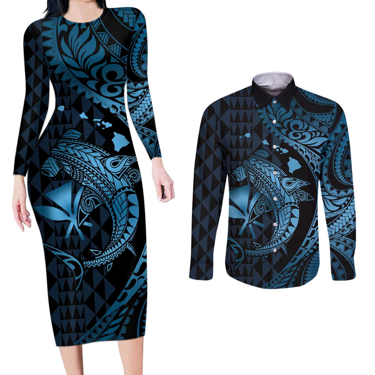 Aloha Hawaii Hammerhead Shark Couples Matching Long Sleeve Bodycon Dress and Long Sleeve Button Shirt Blue Kakau and Polynesian Tattoo LT03