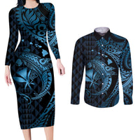 Aloha Hawaii Hammerhead Shark Couples Matching Long Sleeve Bodycon Dress and Long Sleeve Button Shirt Blue Kakau and Polynesian Tattoo LT03