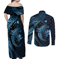 Aloha Hawaii Hammerhead Shark Couples Matching Off Shoulder Maxi Dress and Long Sleeve Button Shirt Blue Kakau and Polynesian Tattoo LT03