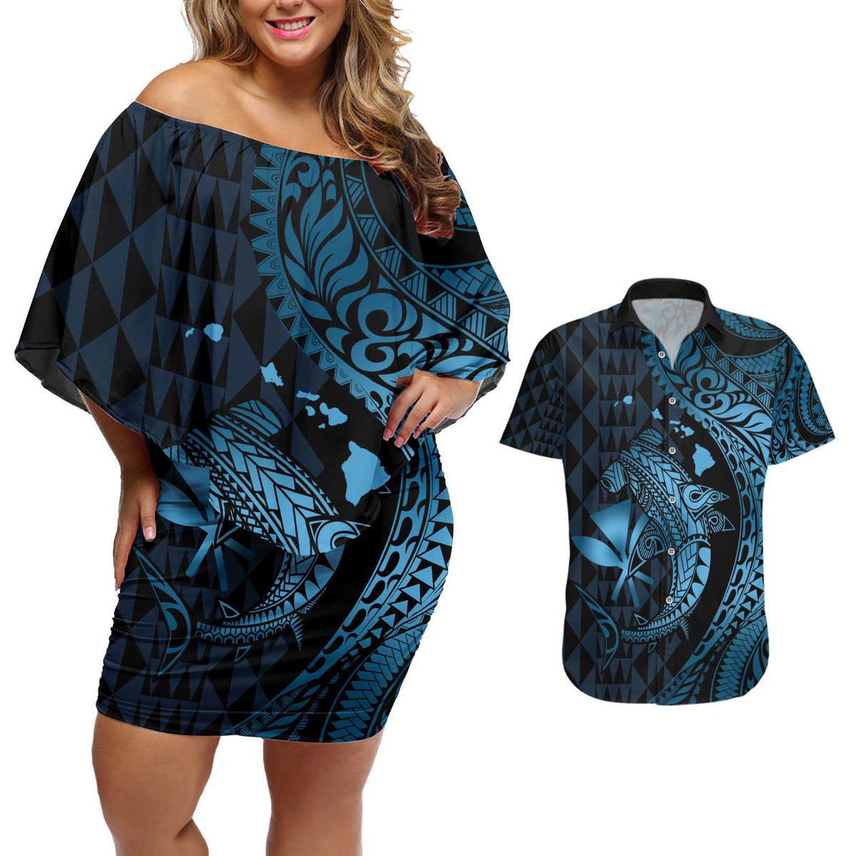 Aloha Hawaii Hammerhead Shark Couples Matching Off Shoulder Short Dress and Hawaiian Shirt Blue Kakau and Polynesian Tattoo LT03