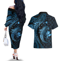 Aloha Hawaii Hammerhead Shark Couples Matching Off The Shoulder Long Sleeve Dress and Hawaiian Shirt Blue Kakau and Polynesian Tattoo LT03