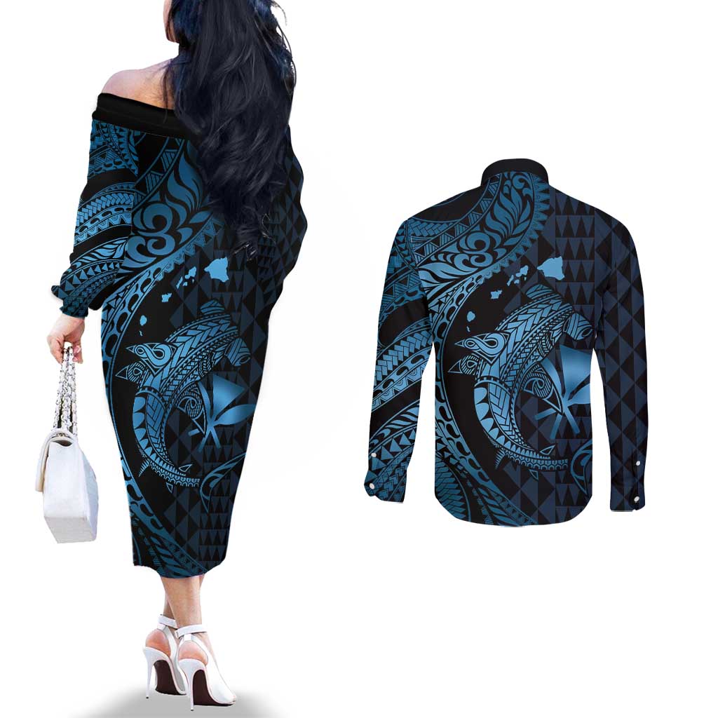 Aloha Hawaii Hammerhead Shark Couples Matching Off The Shoulder Long Sleeve Dress and Long Sleeve Button Shirt Blue Kakau and Polynesian Tattoo LT03