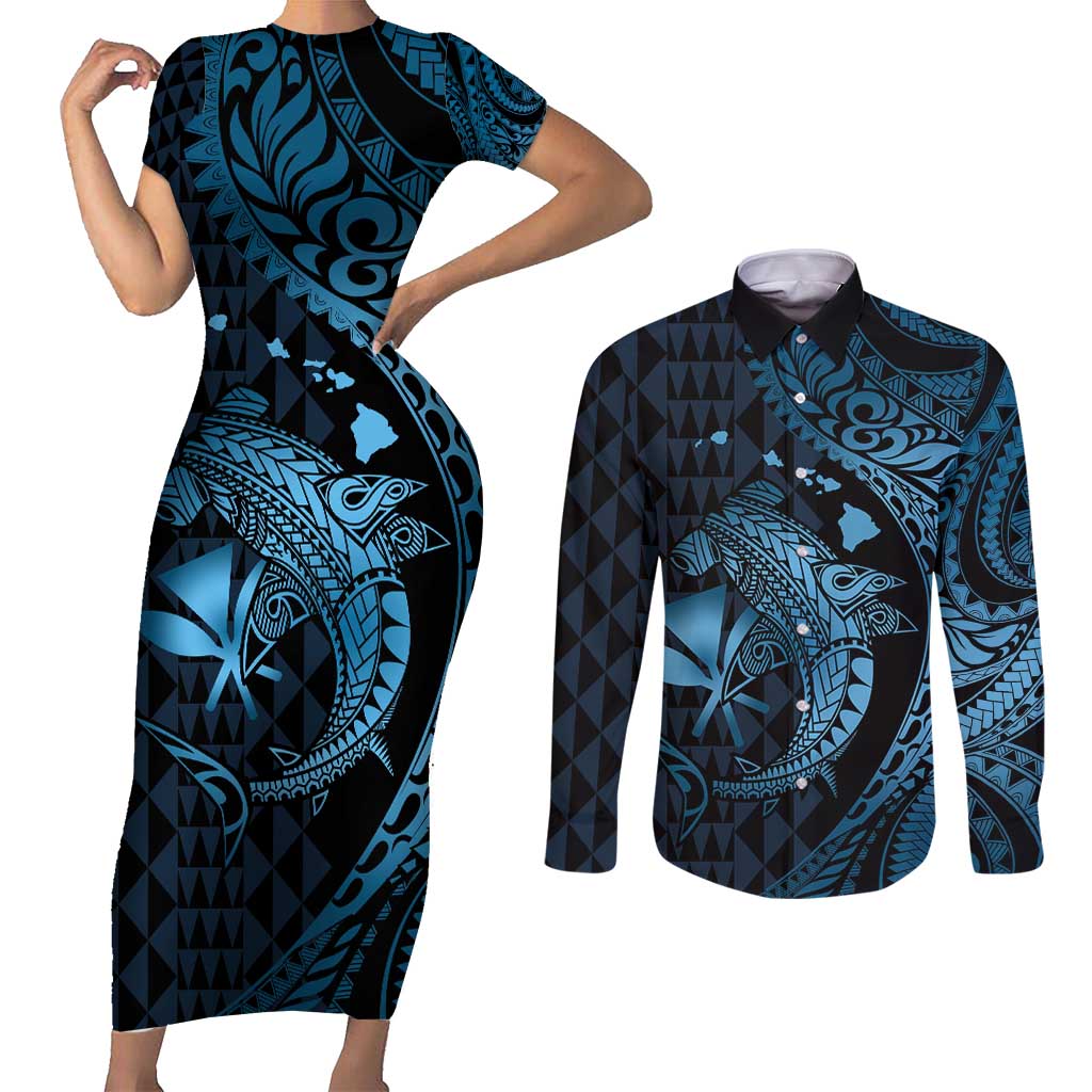 Aloha Hawaii Hammerhead Shark Couples Matching Short Sleeve Bodycon Dress and Long Sleeve Button Shirt Blue Kakau and Polynesian Tattoo LT03
