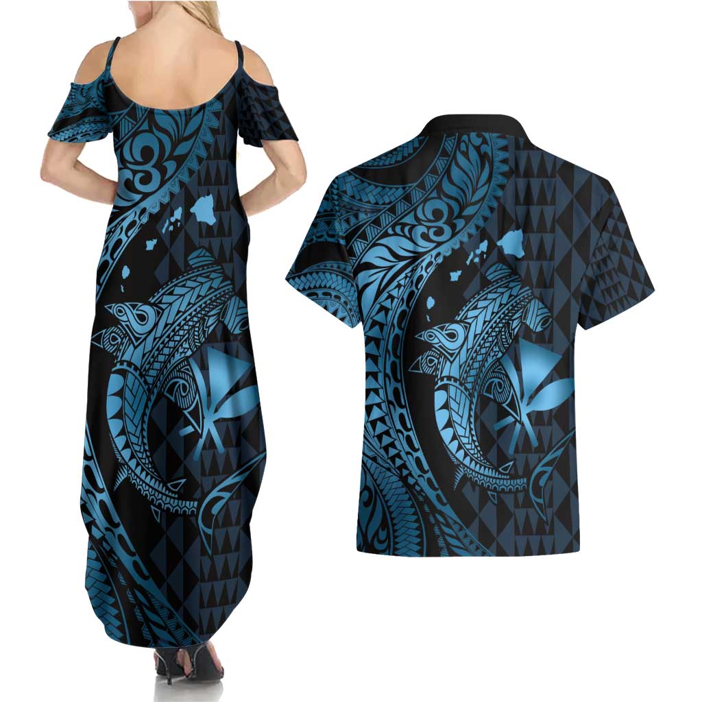 Aloha Hawaii Hammerhead Shark Couples Matching Summer Maxi Dress and Hawaiian Shirt Blue Kakau and Polynesian Tattoo LT03