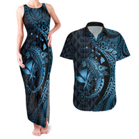 Aloha Hawaii Hammerhead Shark Couples Matching Tank Maxi Dress and Hawaiian Shirt Blue Kakau and Polynesian Tattoo LT03