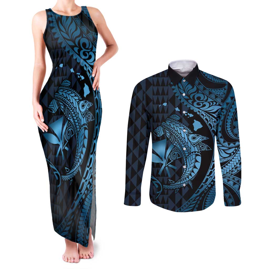 Aloha Hawaii Hammerhead Shark Couples Matching Tank Maxi Dress and Long Sleeve Button Shirt Blue Kakau and Polynesian Tattoo LT03