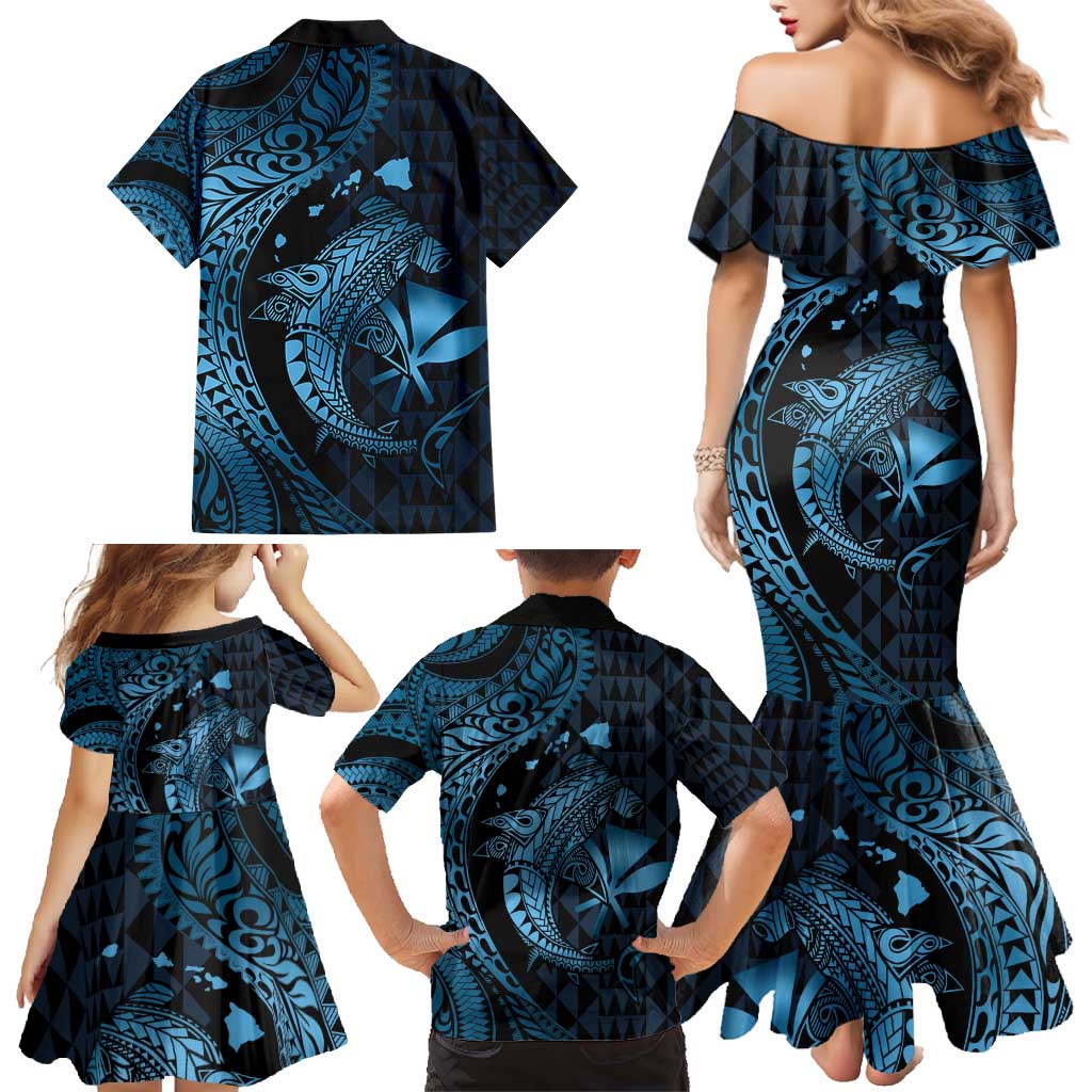 Aloha Hawaii Hammerhead Shark Family Matching Mermaid Dress and Hawaiian Shirt Blue Kakau and Polynesian Tattoo LT03