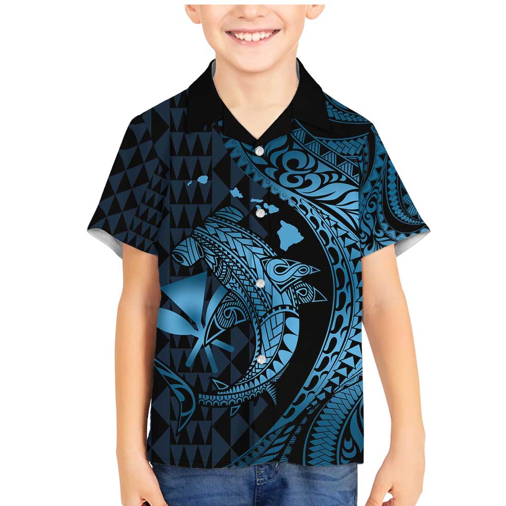 Aloha Hawaii Hammerhead Shark Family Matching Mermaid Dress and Hawaiian Shirt Blue Kakau and Polynesian Tattoo LT03