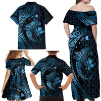 Aloha Hawaii Hammerhead Shark Family Matching Off Shoulder Maxi Dress and Hawaiian Shirt Blue Kakau and Polynesian Tattoo LT03