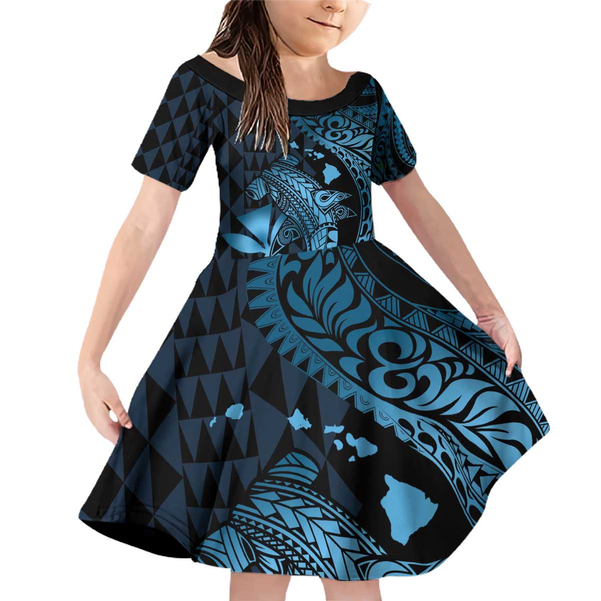 Aloha Hawaii Hammerhead Shark Family Matching Off Shoulder Short Dress and Hawaiian Shirt Blue Kakau and Polynesian Tattoo LT03