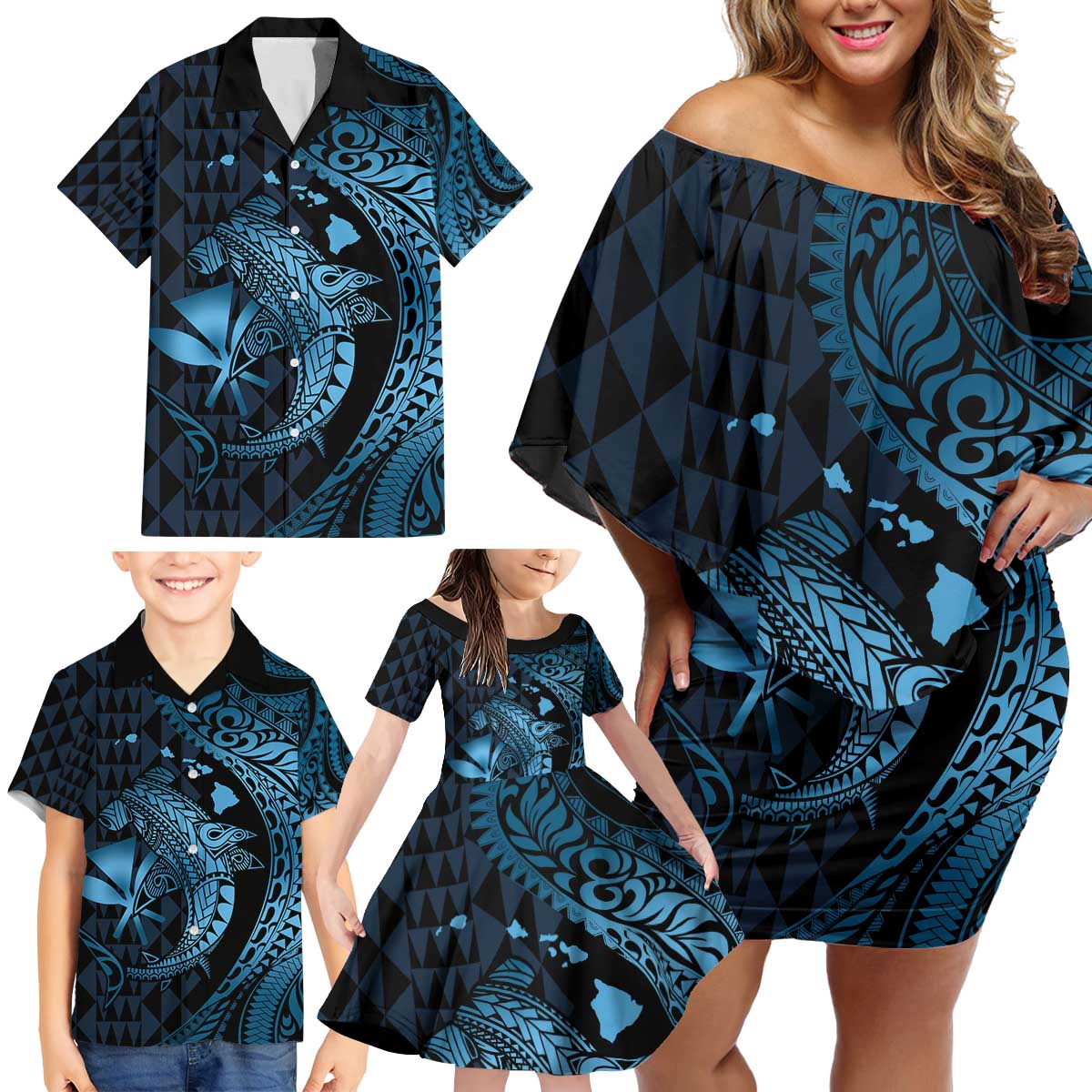 Aloha Hawaii Hammerhead Shark Family Matching Off Shoulder Short Dress and Hawaiian Shirt Blue Kakau and Polynesian Tattoo LT03