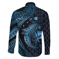 Aloha Hawaii Hammerhead Shark Family Matching Off Shoulder Short Dress and Hawaiian Shirt Blue Kakau and Polynesian Tattoo LT03