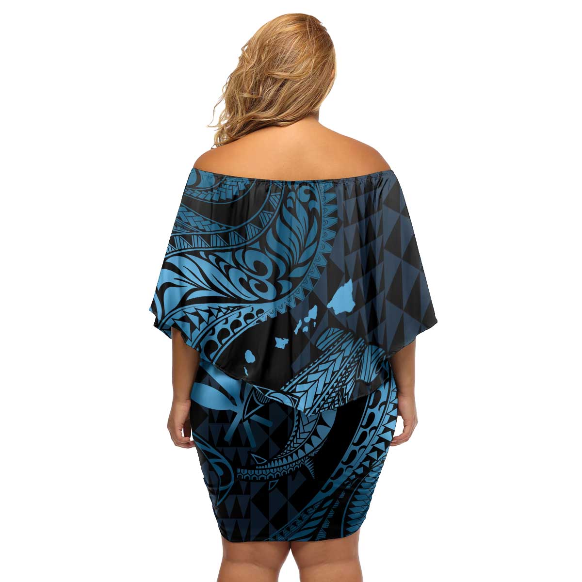 Aloha Hawaii Hammerhead Shark Family Matching Off Shoulder Short Dress and Hawaiian Shirt Blue Kakau and Polynesian Tattoo LT03
