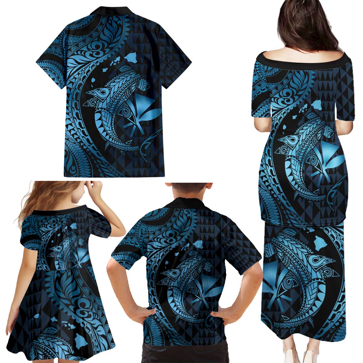 Aloha Hawaii Hammerhead Shark Family Matching Puletasi and Hawaiian Shirt Blue Kakau and Polynesian Tattoo LT03