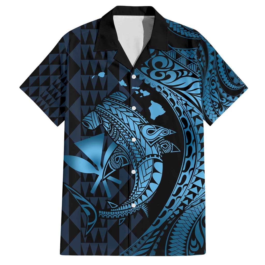 Aloha Hawaii Hammerhead Shark Family Matching Tank Maxi Dress and Hawaiian Shirt Blue Kakau and Polynesian Tattoo LT03